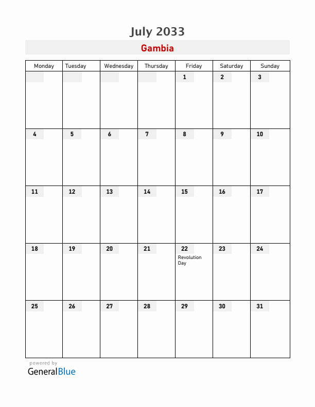 Gambia July 2033 Calendar with Holidays