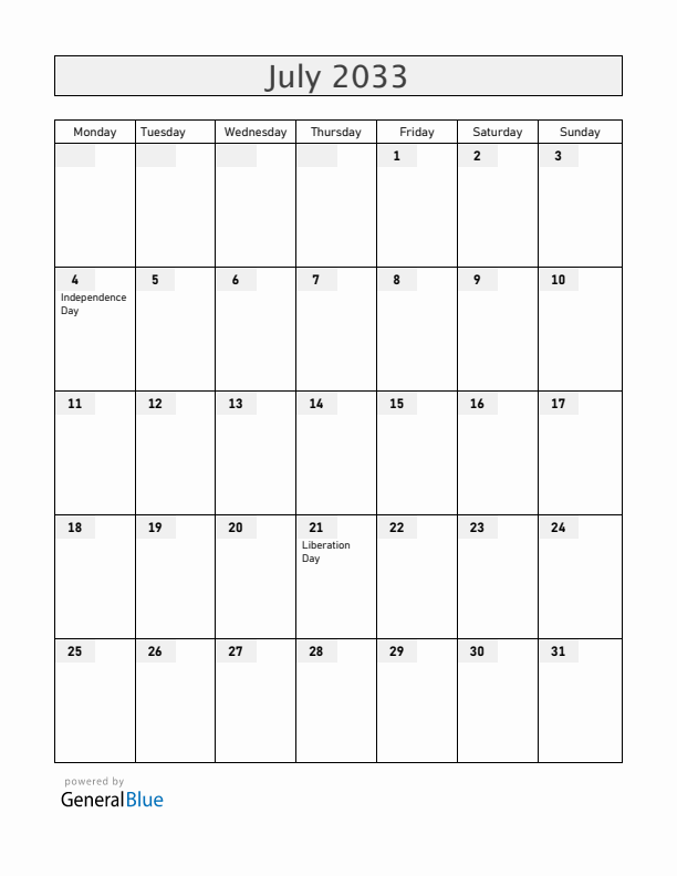 Guam July 2033 Calendar with Holidays
