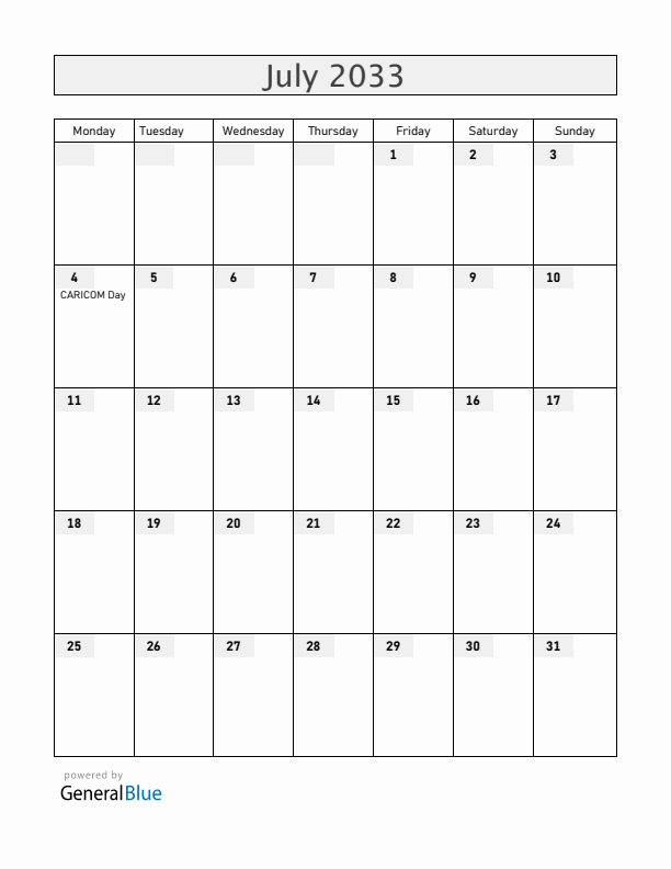 Guyana July 2033 Calendar with Holidays