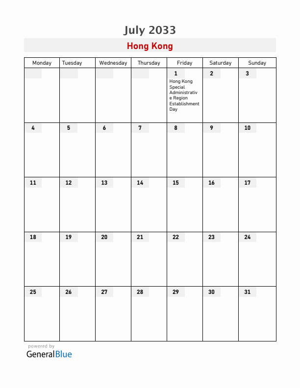 Hong Kong July 2033 Calendar with Holidays