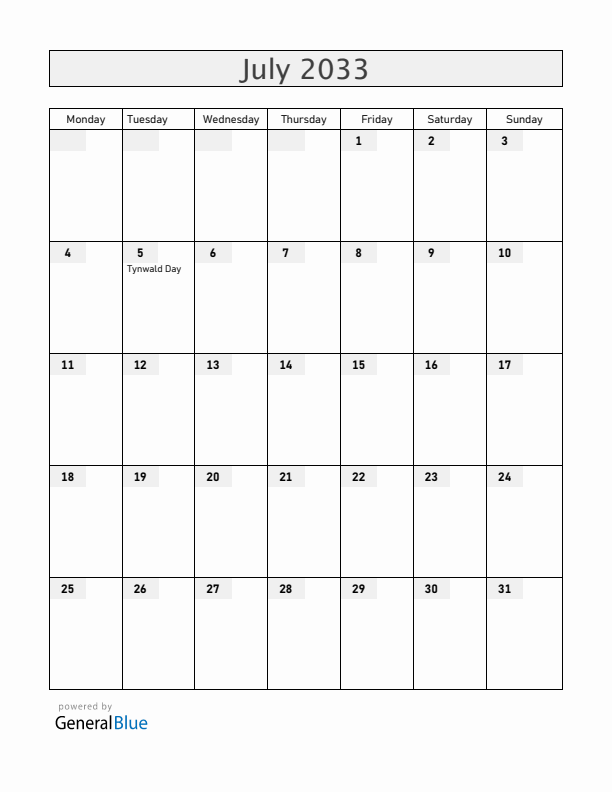 Isle of Man July 2033 Calendar with Holidays