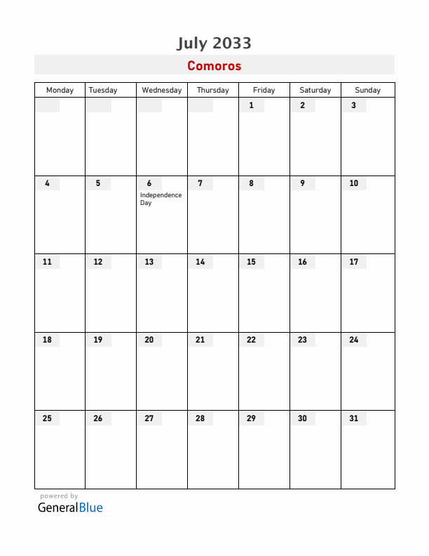 Comoros July 2033 Calendar with Holidays