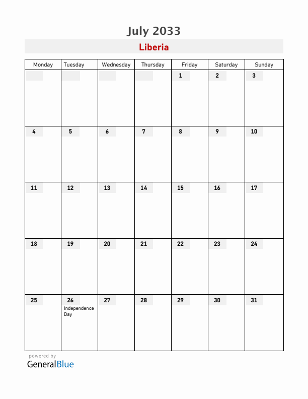 Liberia July 2033 Calendar with Holidays
