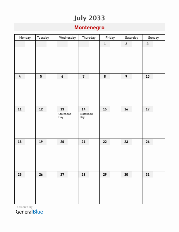 Montenegro July 2033 Calendar with Holidays