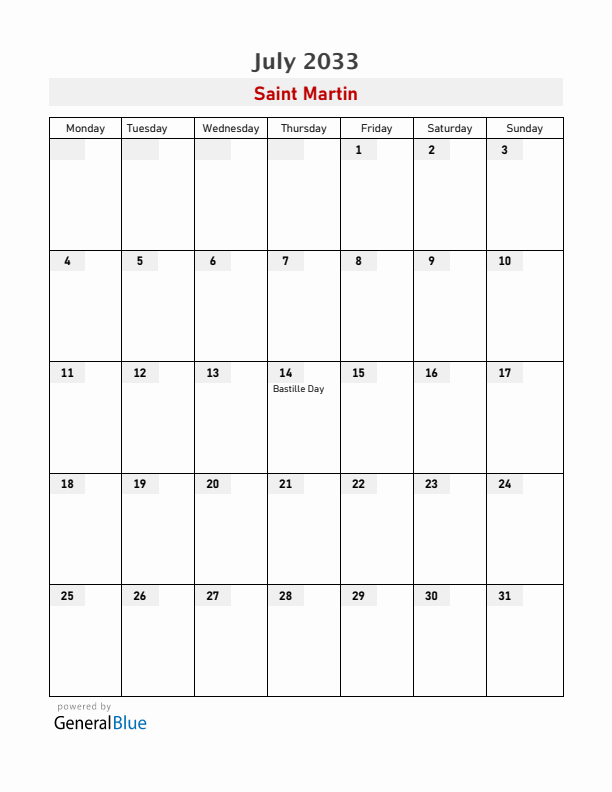 Saint Martin July 2033 Calendar with Holidays