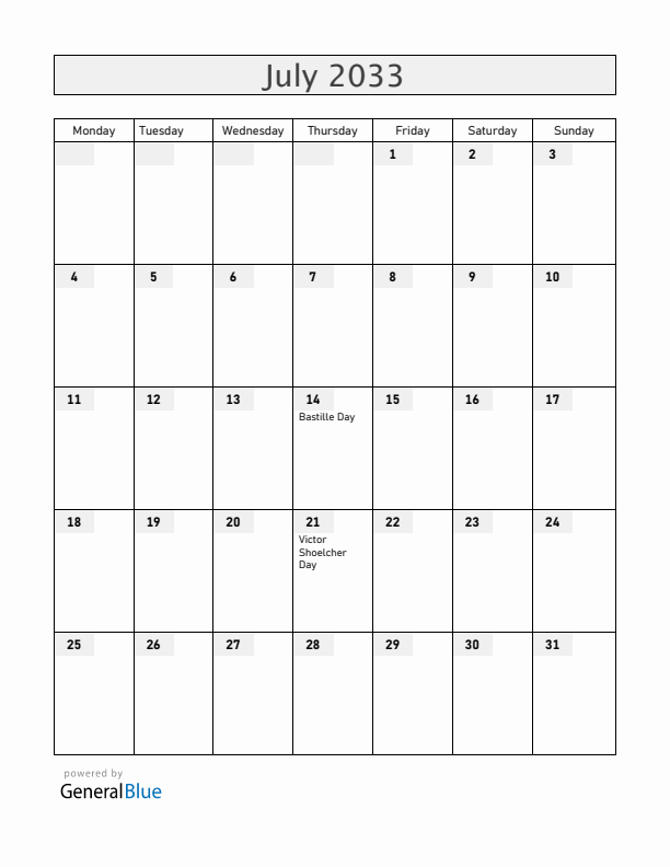 Martinique July 2033 Calendar with Holidays