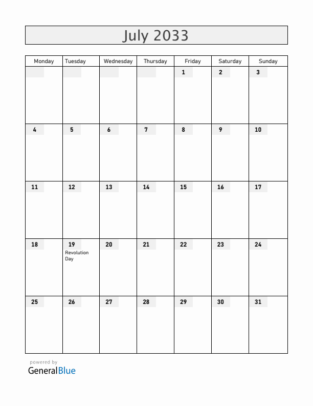 Nicaragua July 2033 Calendar with Holidays