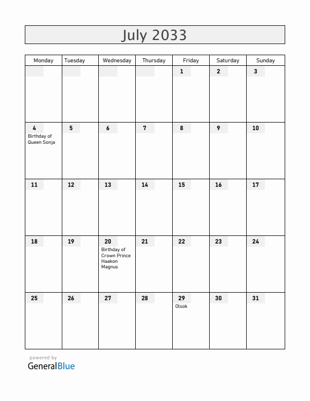 Norway July 2033 Calendar with Holidays