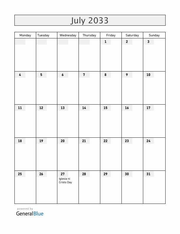 Philippines July 2033 Calendar with Holidays