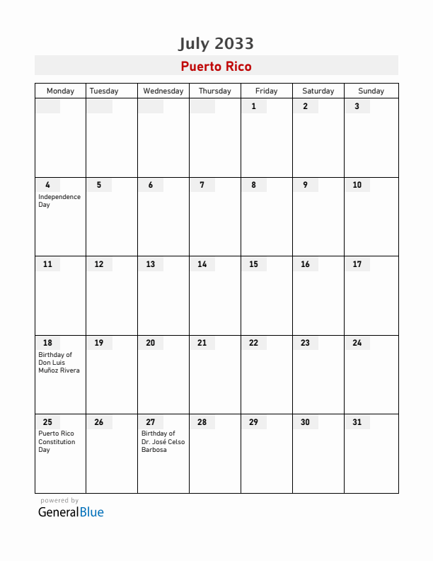 Puerto Rico July 2033 Calendar with Holidays