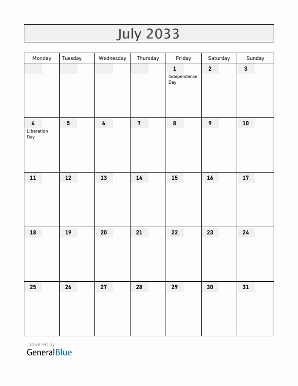 Rwanda July 2033 Calendar with Holidays