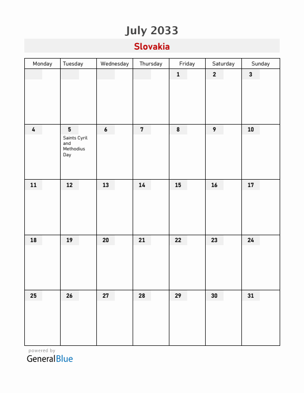 Slovakia July 2033 Calendar with Holidays