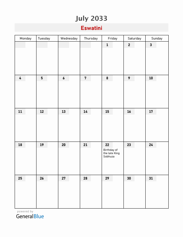 Eswatini July 2033 Calendar with Holidays