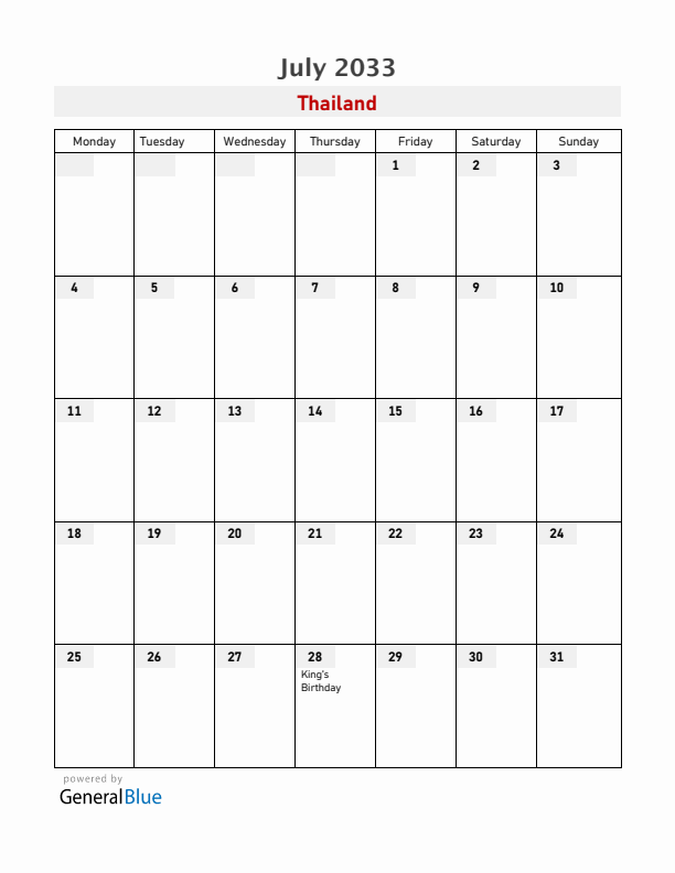 Thailand July 2033 Calendar with Holidays