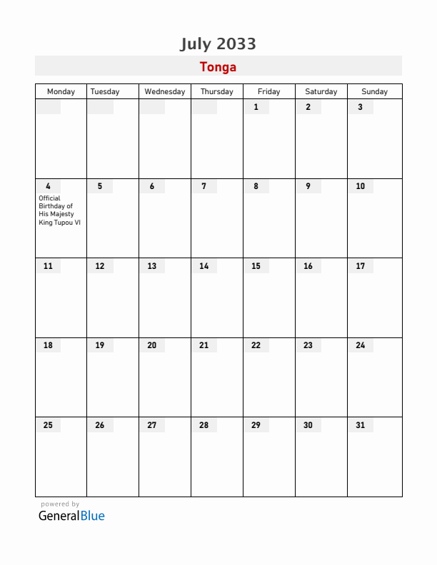 Tonga July 2033 Calendar with Holidays