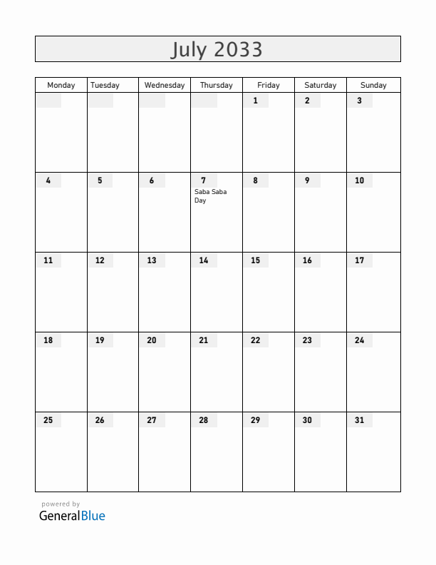 Tanzania July 2033 Calendar with Holidays