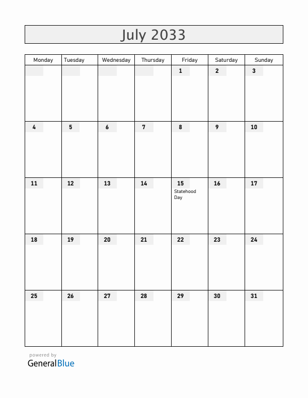 Ukraine July 2033 Calendar with Holidays