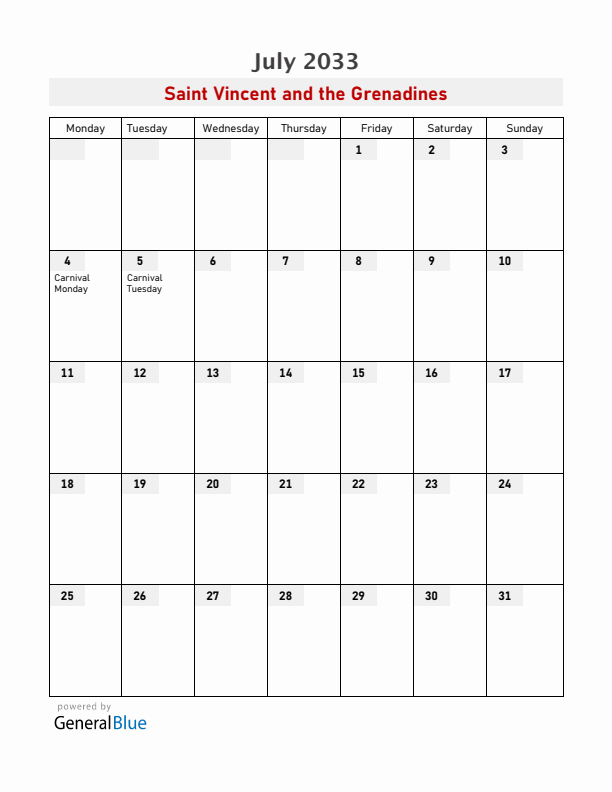 Saint Vincent and the Grenadines July 2033 Calendar with Holidays