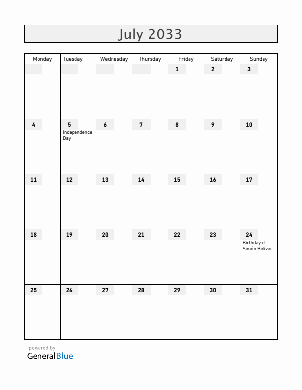 Venezuela July 2033 Calendar with Holidays