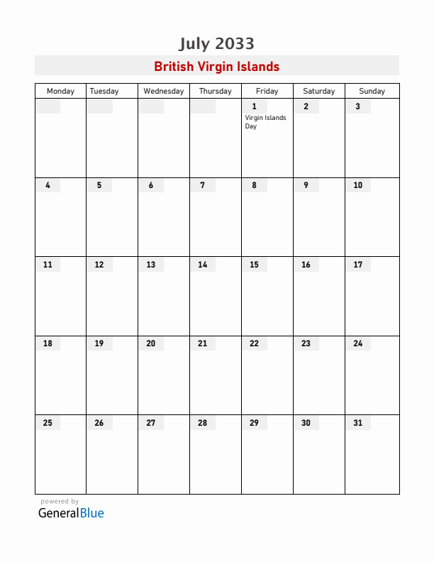 British Virgin Islands July 2033 Calendar with Holidays