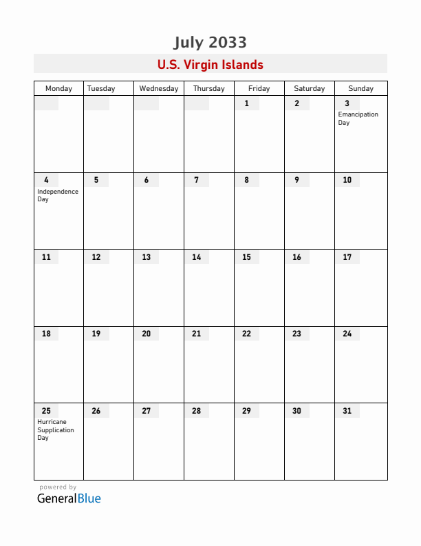U.S. Virgin Islands July 2033 Calendar with Holidays