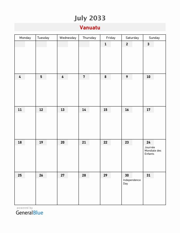 Vanuatu July 2033 Calendar with Holidays