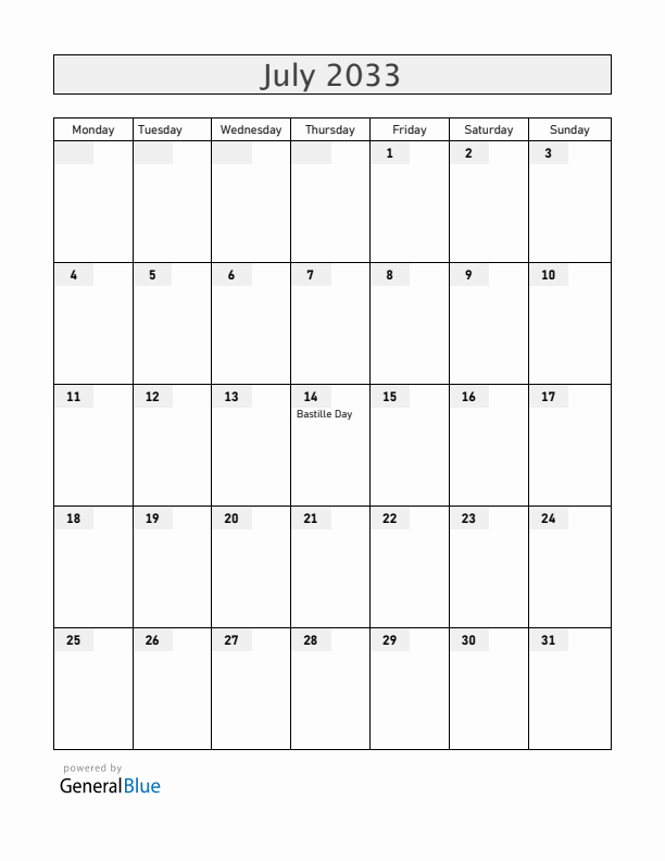 Mayotte July 2033 Calendar with Holidays