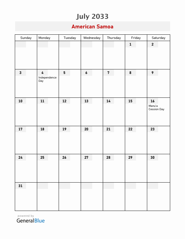 American Samoa July 2033 Calendar with Holidays