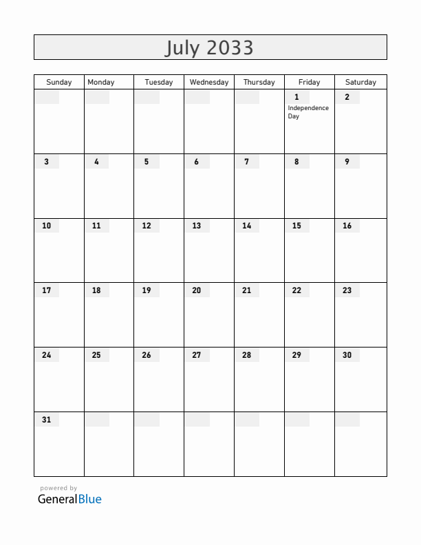 Burundi July 2033 Calendar with Holidays