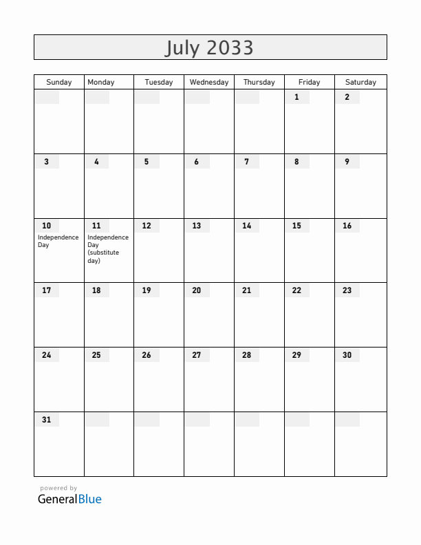 Bahamas July 2033 Calendar with Holidays