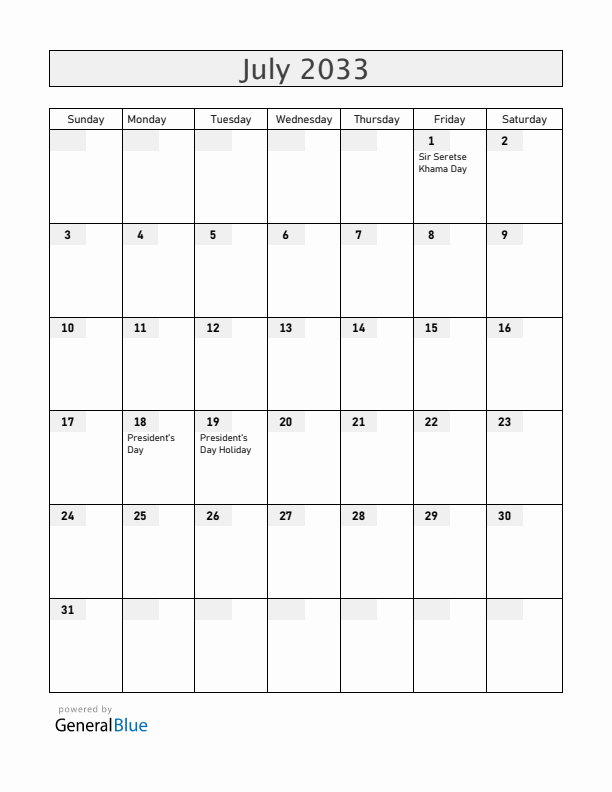 Botswana July 2033 Calendar with Holidays