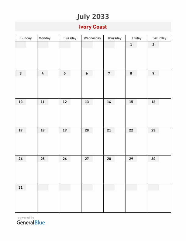 Ivory Coast July 2033 Calendar with Holidays