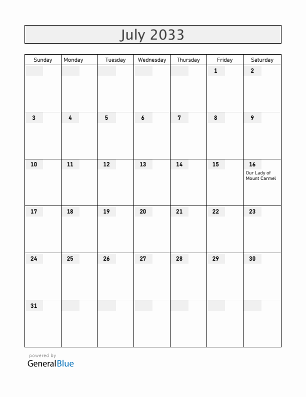 Chile July 2033 Calendar with Holidays