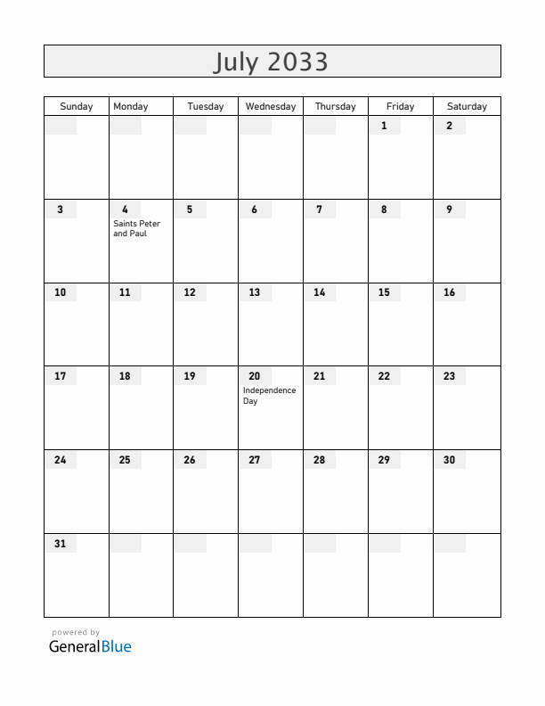 Colombia July 2033 Calendar with Holidays