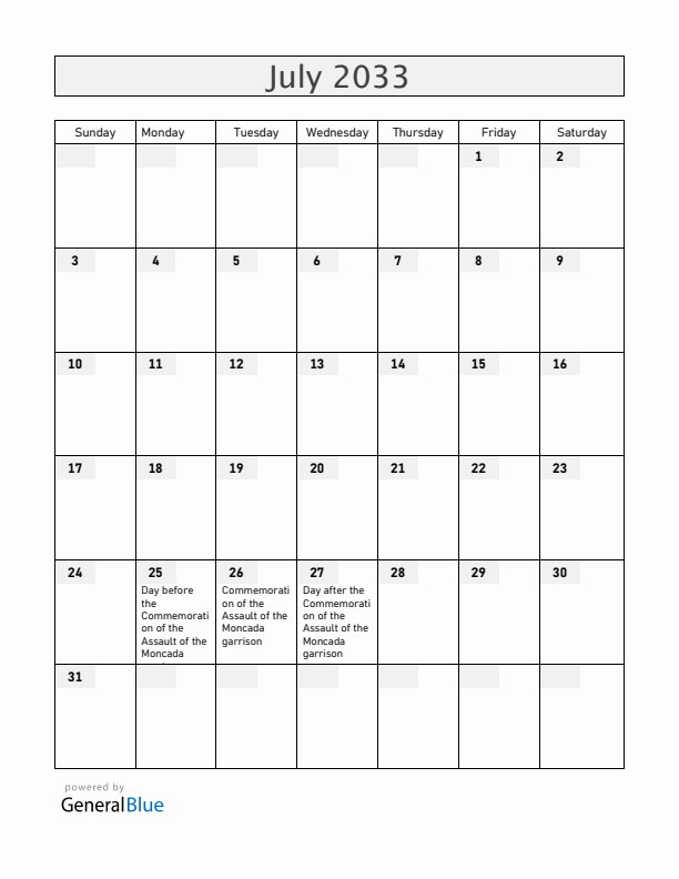 Cuba July 2033 Calendar with Holidays