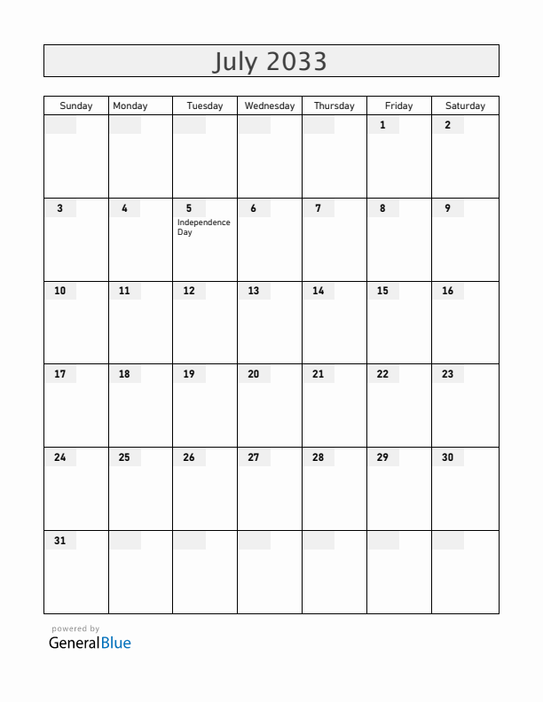 Cabo Verde July 2033 Calendar with Holidays
