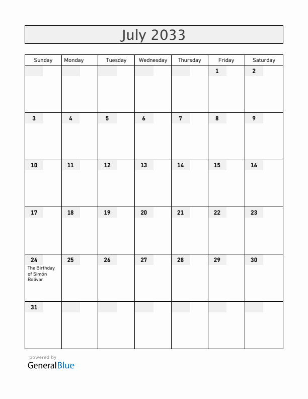 Ecuador July 2033 Calendar with Holidays