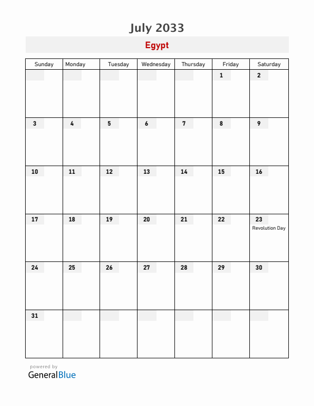 Egypt July 2033 Calendar with Holidays