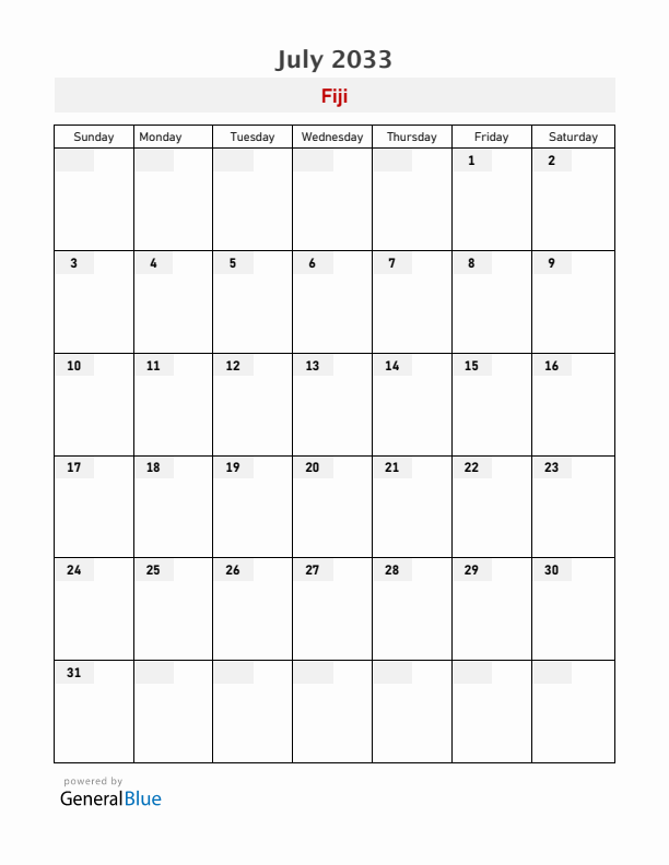 Fiji July 2033 Calendar with Holidays
