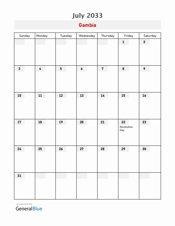 Gambia July 2033 Calendar with Holidays