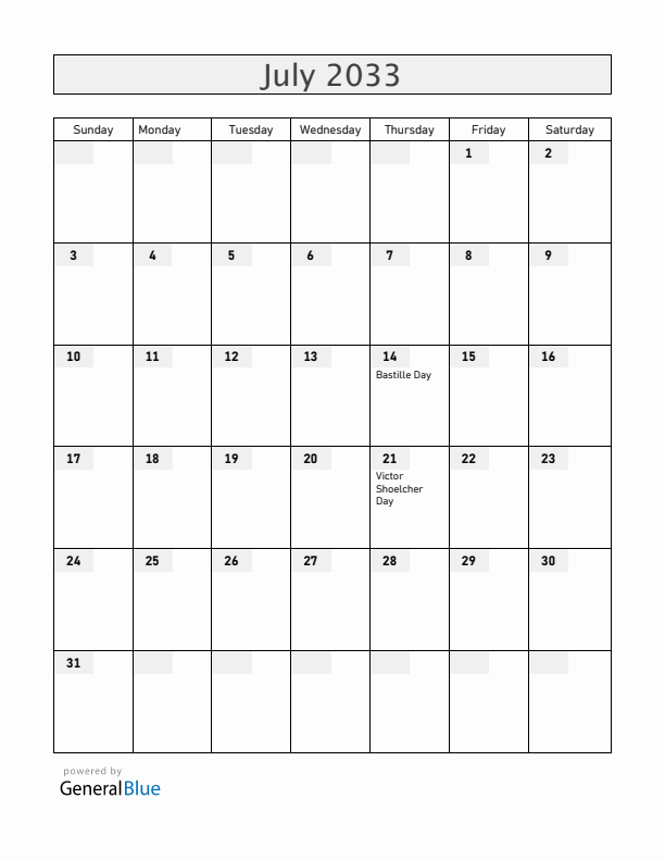 Guadeloupe July 2033 Calendar with Holidays