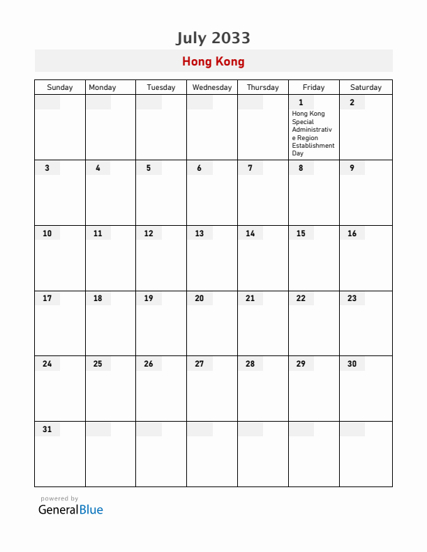Hong Kong July 2033 Calendar with Holidays