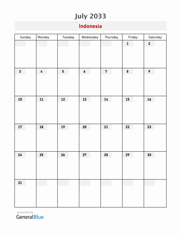 Indonesia July 2033 Calendar with Holidays