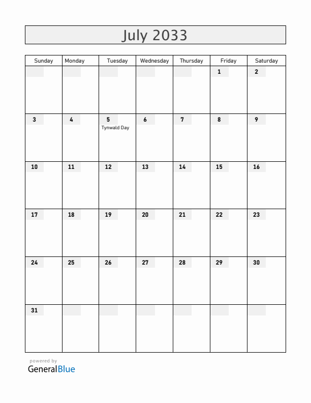 Isle of Man July 2033 Calendar with Holidays