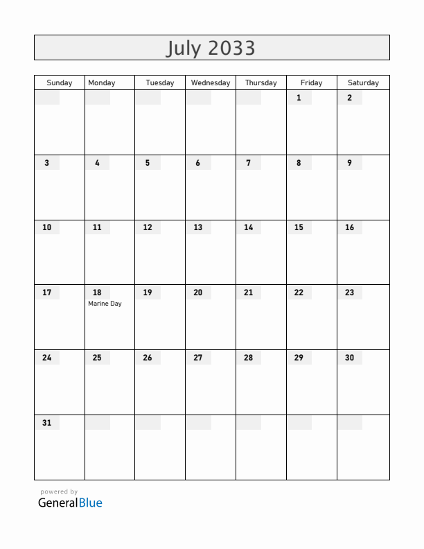 Japan July 2033 Calendar with Holidays