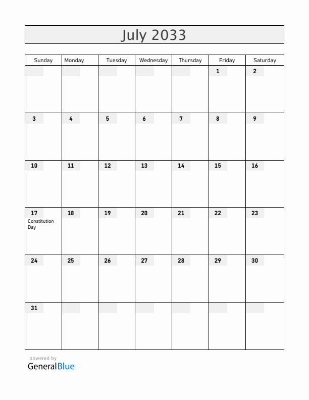 South Korea July 2033 Calendar with Holidays