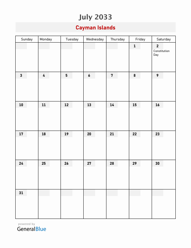 Cayman Islands July 2033 Calendar with Holidays