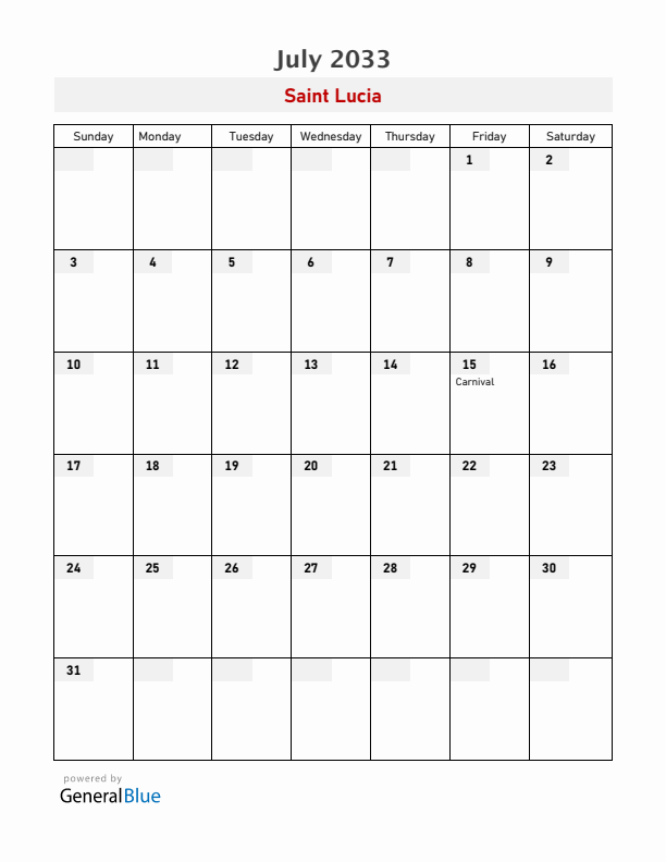 Saint Lucia July 2033 Calendar with Holidays