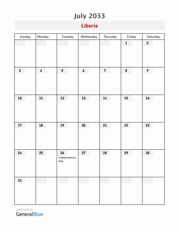 Liberia July 2033 Calendar with Holidays