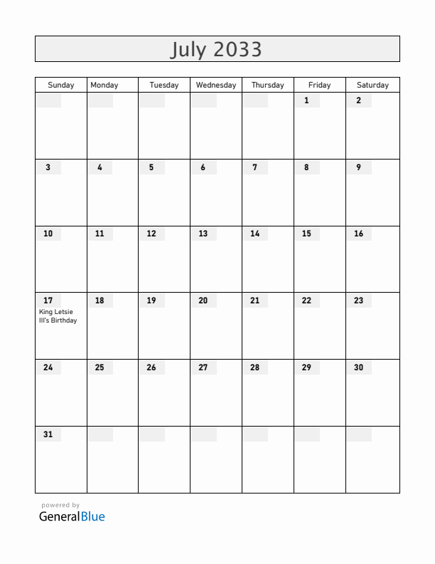 Lesotho July 2033 Calendar with Holidays